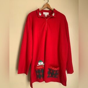 Vintage Frazier Lawrence Red Festive Christmas Knit Tunic Top Snowman Plaid 1x